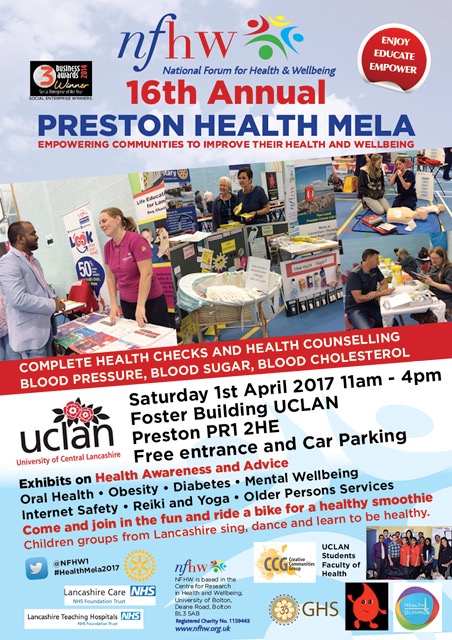 Preston Health Mela poster 2017 - blood checks, health counselling, free entry and parking; 1st April, UCLan Foster Building.